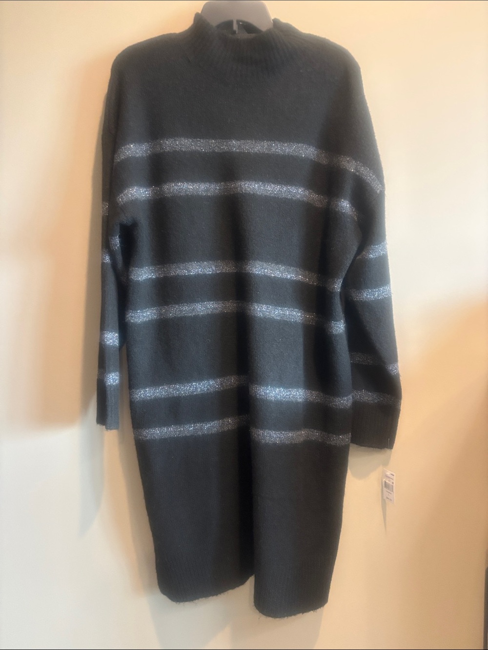 Women's Black Knit Sweater Dress with Silver Stripe